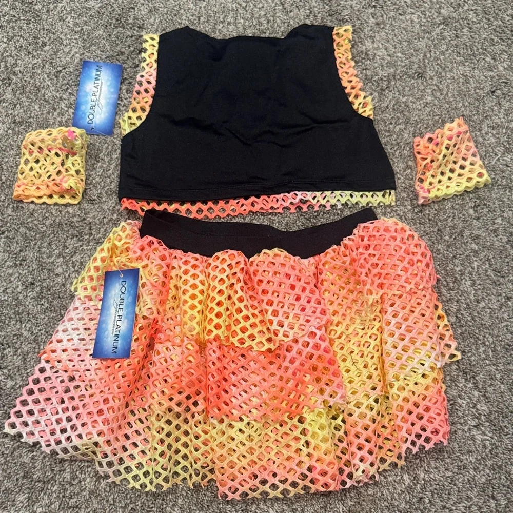 Girls' Black Crop Top & Mesh Skirt Costume Set in Neon Tie-Dye